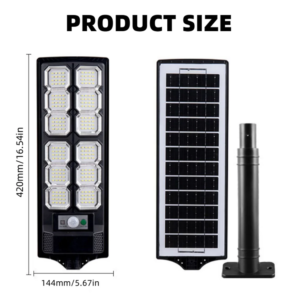 Solar-powered street/parking lot light with 192 LEDs and motion sensor, showing product dimensions