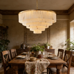 Vintage Spanish carved marble chandelier over dining table