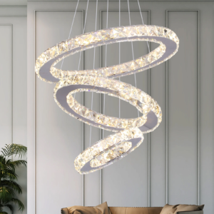 Modern spiral crystal ring chandelier over living room