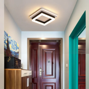 Square LED ceiling light mounted in a hallway corridor