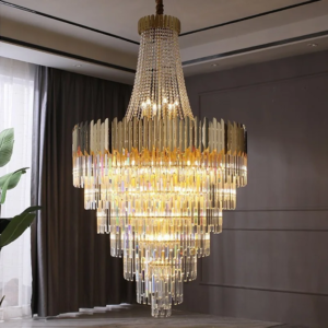 Tiered crystal chandelier in living room