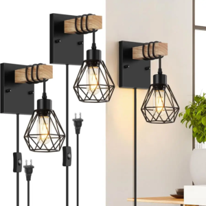 Vintage wood wall sconce set of two in white, farmhouse plug-in wall light fixture