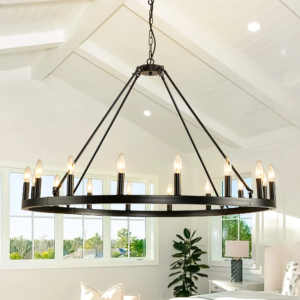 Wagon wheel farmhouse chandelier in living room