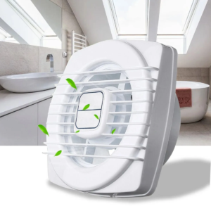White wall-mounted exhaust fan installed in a bathroom