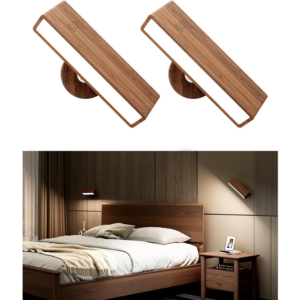 Wireless rechargeable walnut wood wall lamp mounted above a nightstand